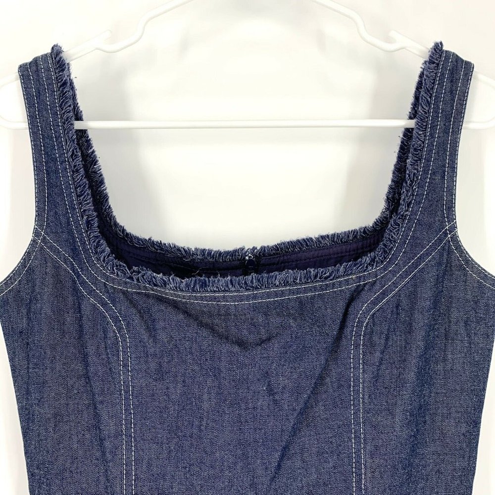Escada Denim Dress Small Blue Jean Fray Sleeveless Sheath - Picture 2 of 9